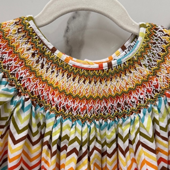 Colorful Chevron Smocked Fall Kids Long Dress - Picture 3 of 6